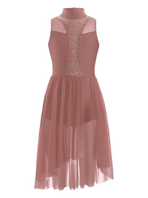 Kids Girls Sleeveless Mock Neck Side Slit Hi-Lo Skating Leotard Dress thumb