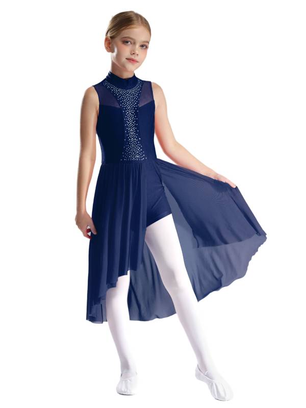 Kids Girls Sleeveless Mock Neck Side Slit Hi-Lo Skating Leotard Dress thumb