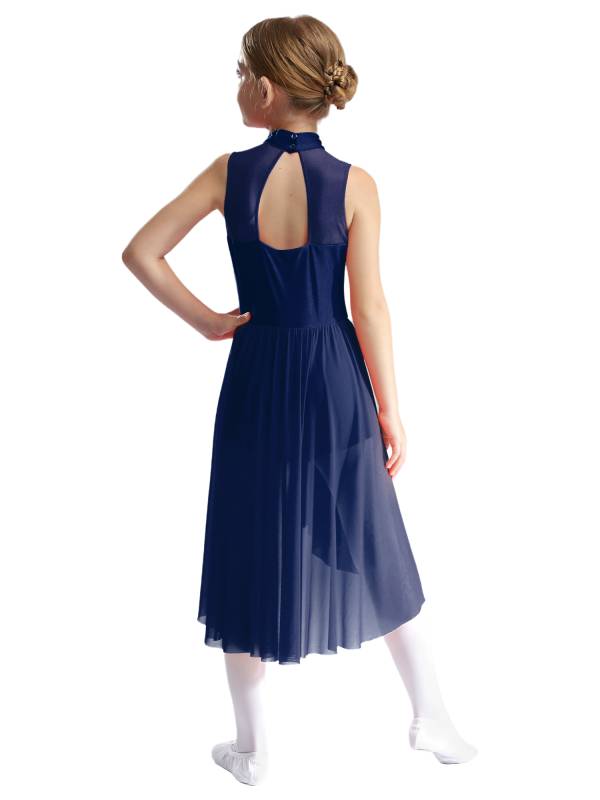 Kids Girls Sleeveless Mock Neck Side Slit Hi-Lo Skating Leotard Dress thumb