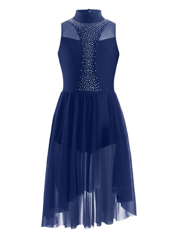 Kids Girls Sleeveless Mock Neck Side Slit Hi-Lo Skating Leotard Dress thumb