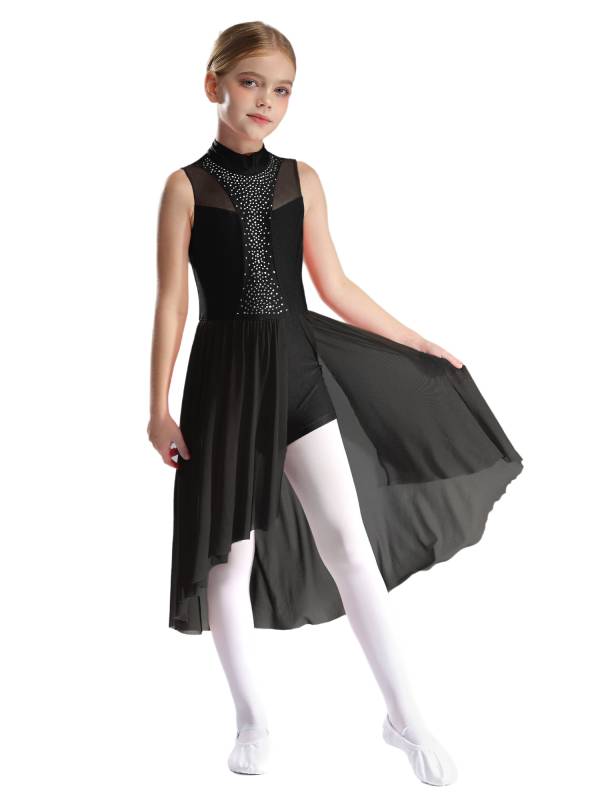 Kids Girls Sleeveless Mock Neck Side Slit Hi-Lo Skating Leotard Dress thumb