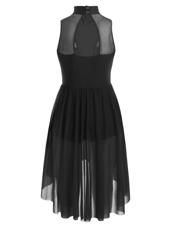 Kids Girls Sleeveless Mock Neck Side Slit Hi-Lo Skating Leotard Dress thumb