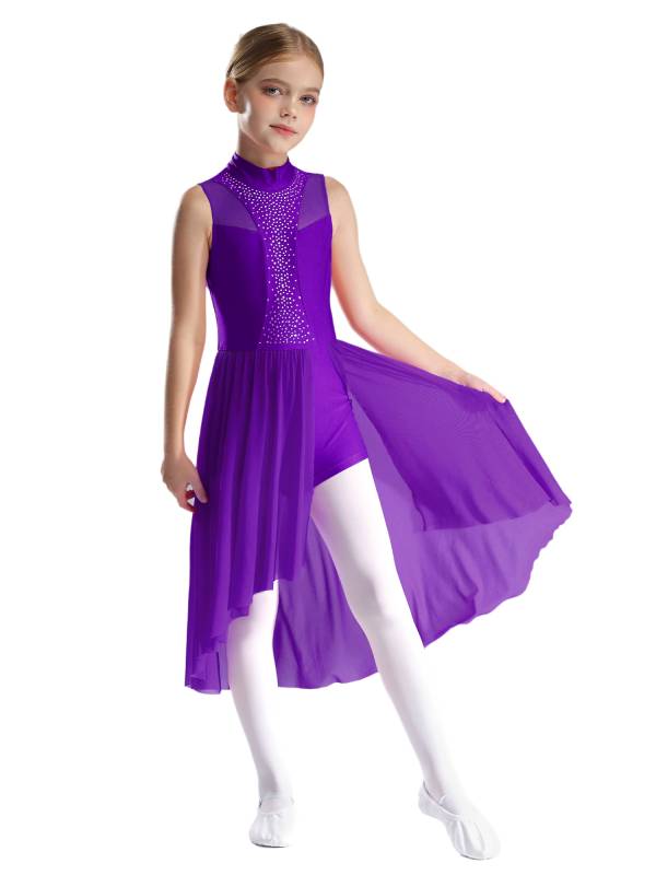 Kids Girls Sleeveless Mock Neck Side Slit Hi-Lo Skating Leotard Dress thumb