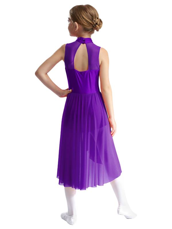 Kids Girls Sleeveless Mock Neck Side Slit Hi-Lo Skating Leotard Dress thumb
