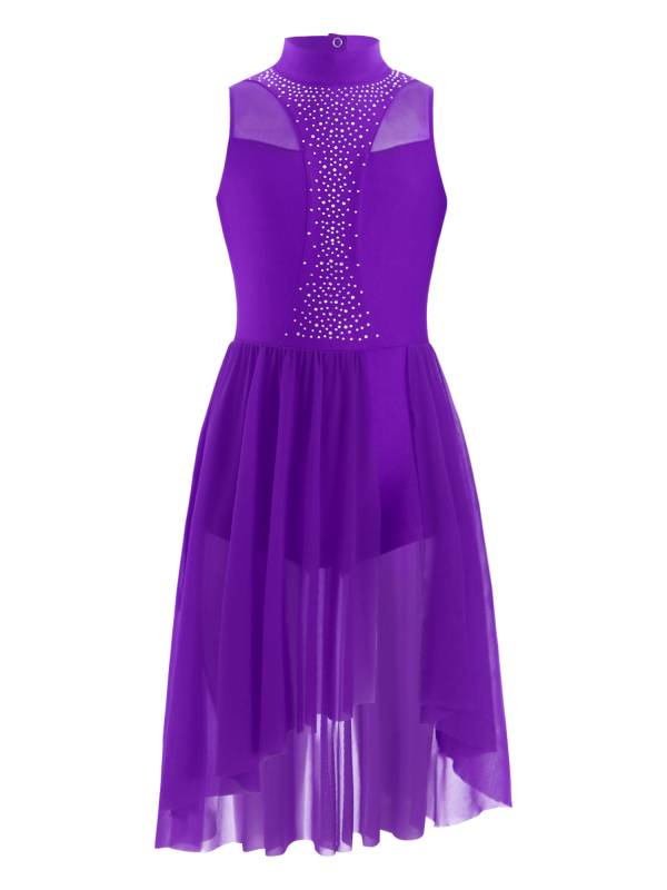 Kids Girls Sleeveless Mock Neck Side Slit Hi-Lo Skating Leotard Dress thumb