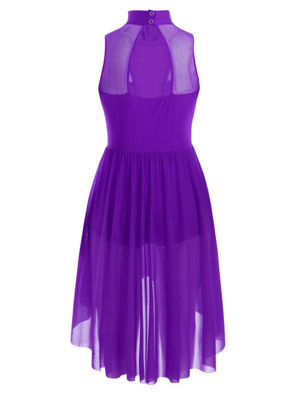 Kids Girls Sleeveless Mock Neck Side Slit Hi-Lo Skating Leotard Dress thumb