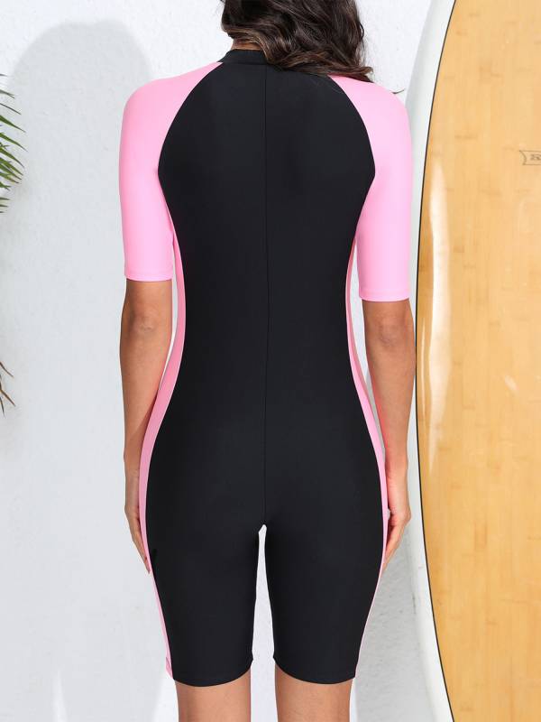 Women Short Sleeve Front Zipper Boyleg One Piece Swimsuit thumb