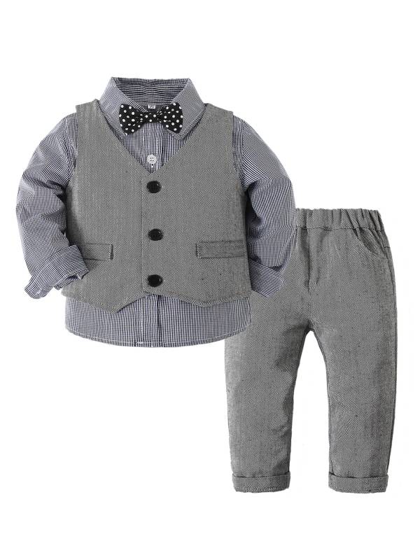Toddler Boys 4pcs Long Sleeve Striped Shirt and Long Pants Formal Suit thumb