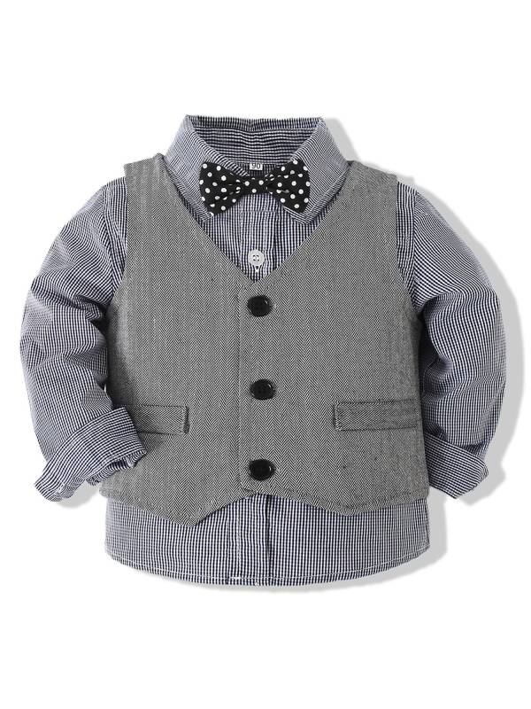 Toddler Boys 4pcs Long Sleeve Striped Shirt and Long Pants Formal Suit thumb