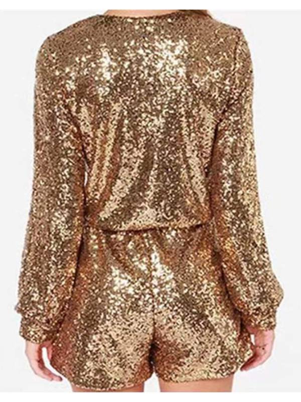 Women Sparkling Sequin Deep V Neck Long Sleeve Cocktail Romper thumb