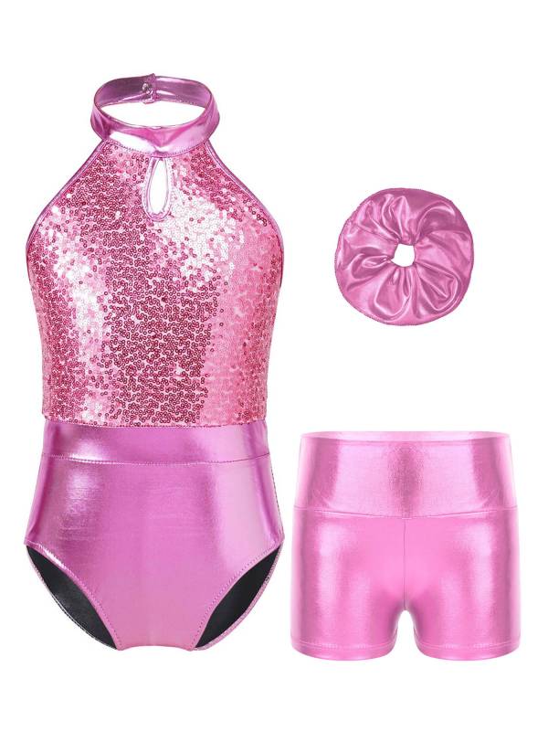 Kids Girls Sleeveless Halter Neck Sequin Gymnastic Leotard and Shorts Hair Band thumb