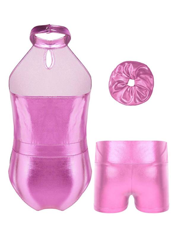 Kids Girls Sleeveless Halter Neck Sequin Gymnastic Leotard and Shorts Hair Band thumb