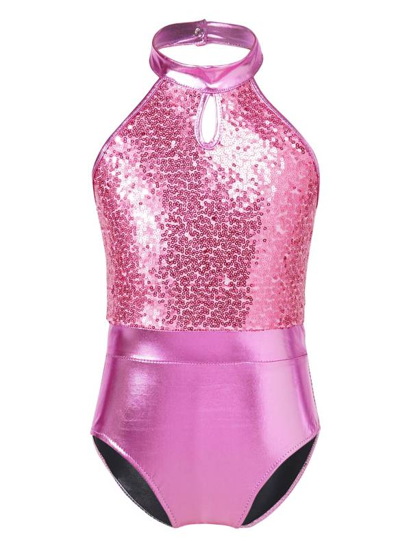 Kids Girls Sleeveless Halter Neck Sequin Gymnastic Leotard and Shorts Hair Band thumb