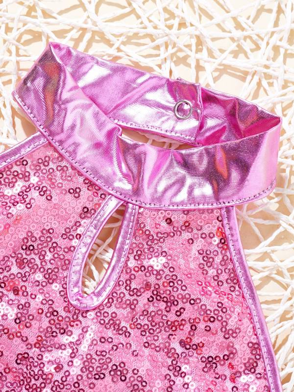 Kids Girls Sleeveless Halter Neck Sequin Gymnastic Leotard and Shorts Hair Band thumb