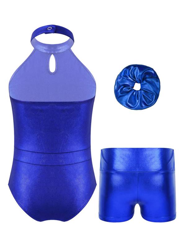 Kids Girls Sleeveless Halter Neck Sequin Gymnastic Leotard and Shorts Hair Band thumb