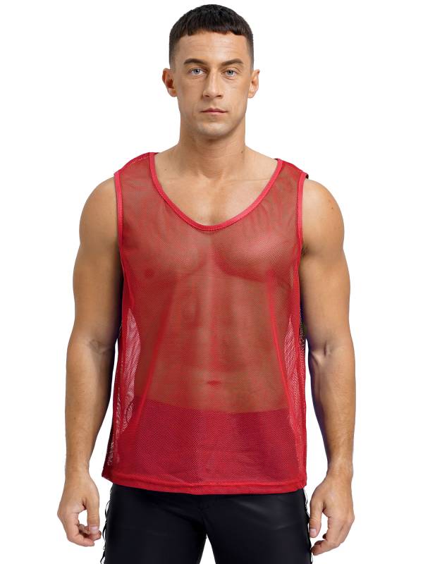 Men Hollow Out Mesh Round Neck Sleeveless Training Tank Top thumb