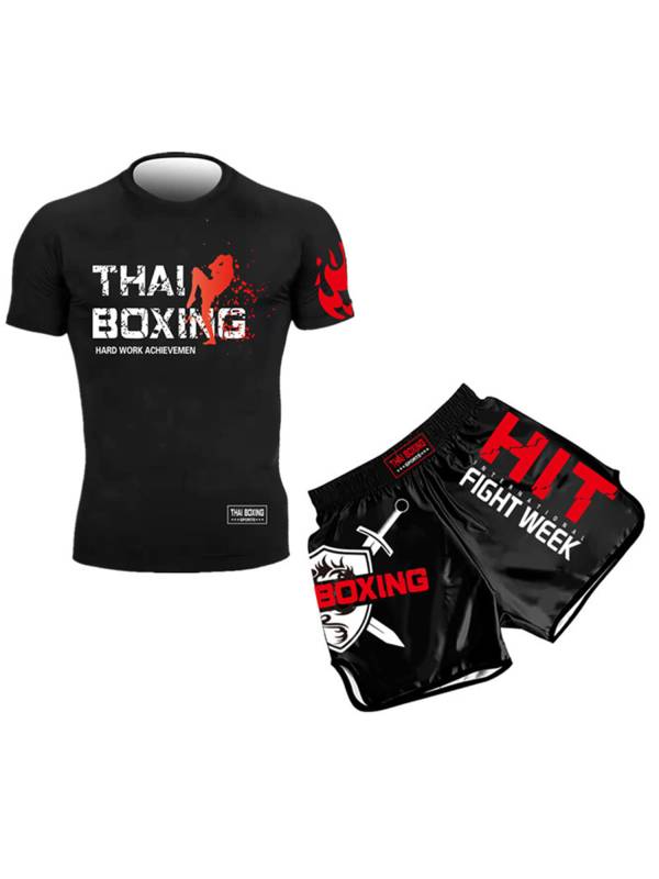 Kids Boys 2pcs Boxing Outfit Short Sleeve T-shirt with Shorts Set thumb