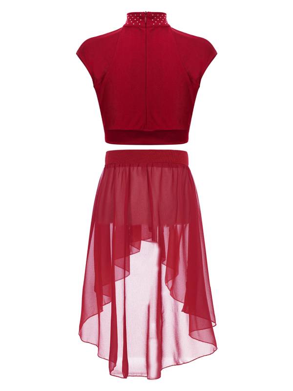 Kids Girls Sleeveless Rhinestones Crop Top and Chiffon Skirt Skating Set thumb