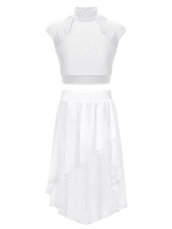 Kids Girls Sleeveless Rhinestones Crop Top and Chiffon Skirt Skating Set thumb