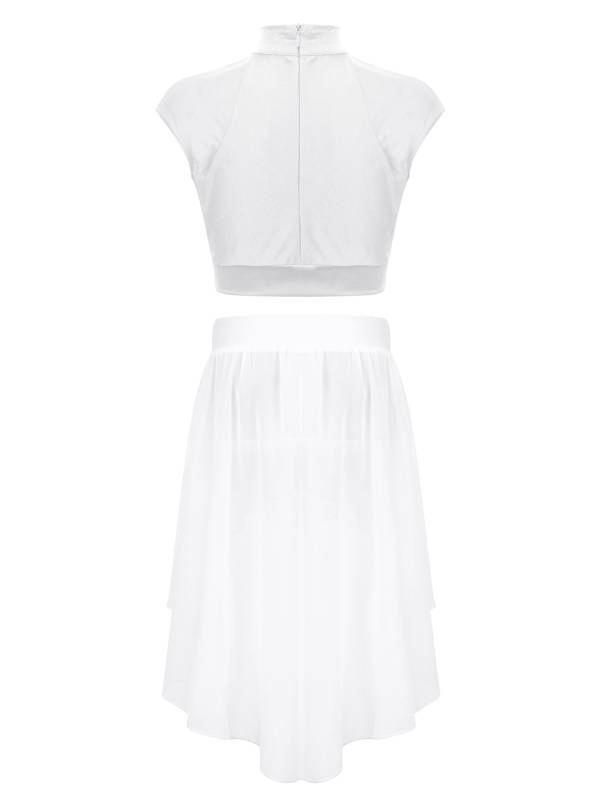 Kids Girls Sleeveless Rhinestones Crop Top and Chiffon Skirt Skating Set thumb