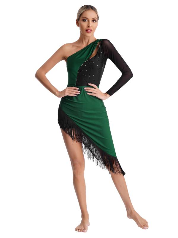 Women Shiny Rhinestones One Shoulder Tassel Latin Dance Dress thumb