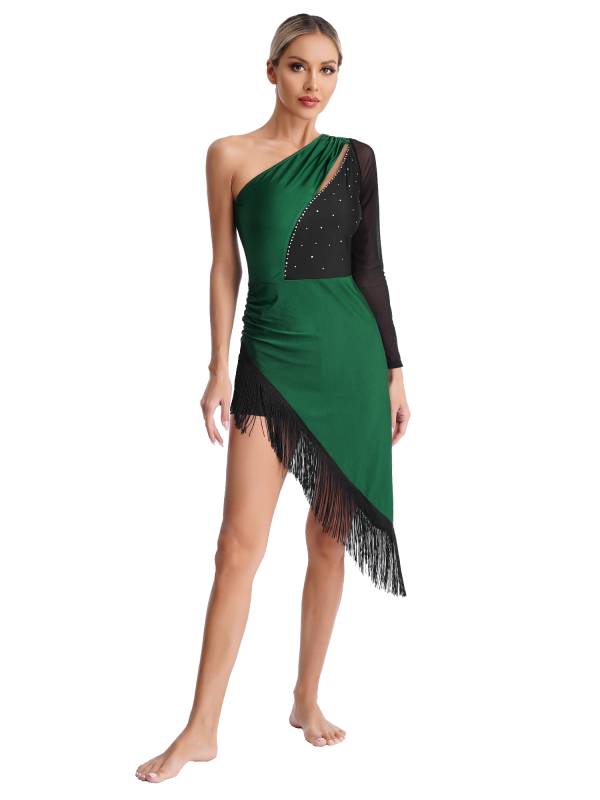 Women Shiny Rhinestones One Shoulder Tassel Latin Dance Dress thumb