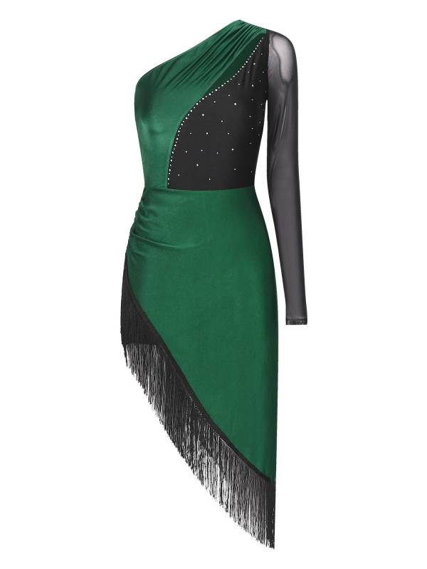 Women Shiny Rhinestones One Shoulder Tassel Latin Dance Dress thumb