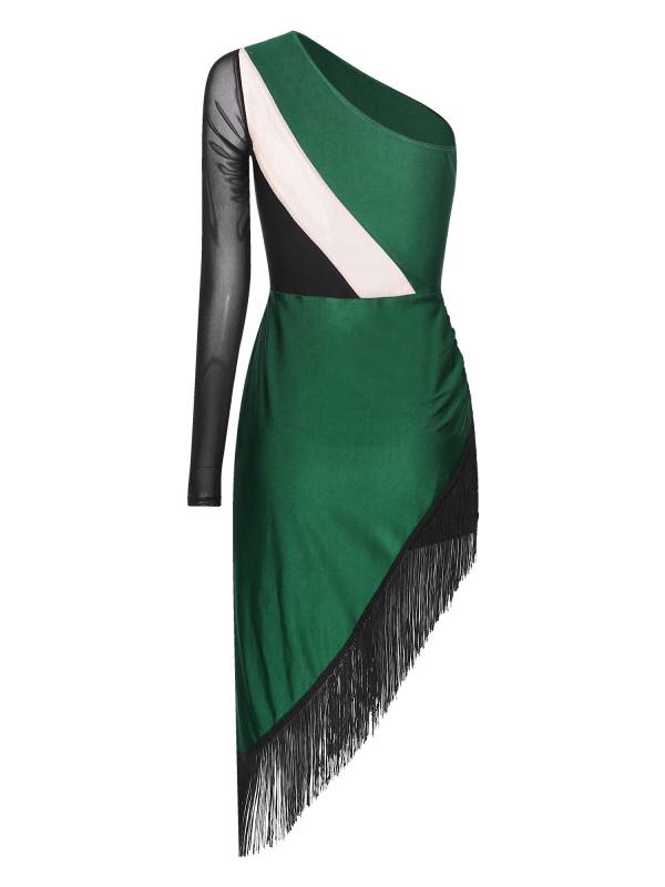 Women Shiny Rhinestones One Shoulder Tassel Latin Dance Dress thumb