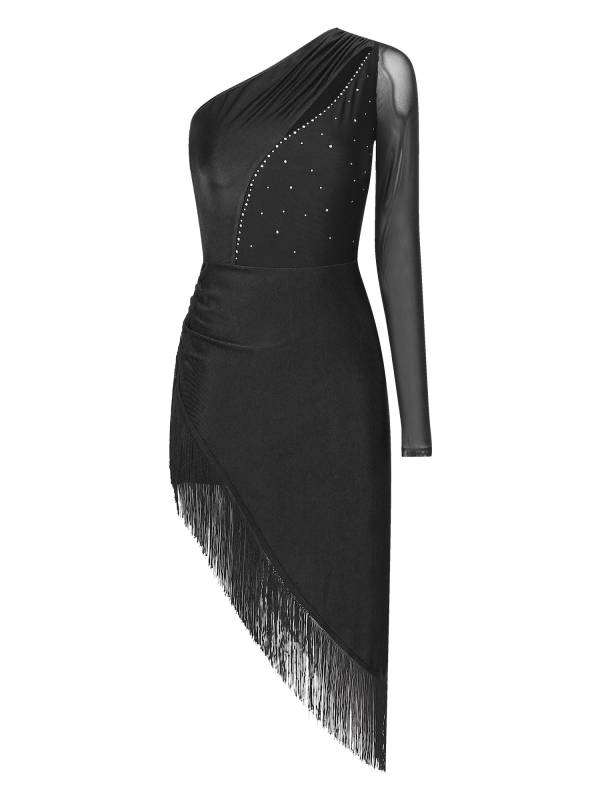 Women Shiny Rhinestones One Shoulder Tassel Latin Dance Dress thumb