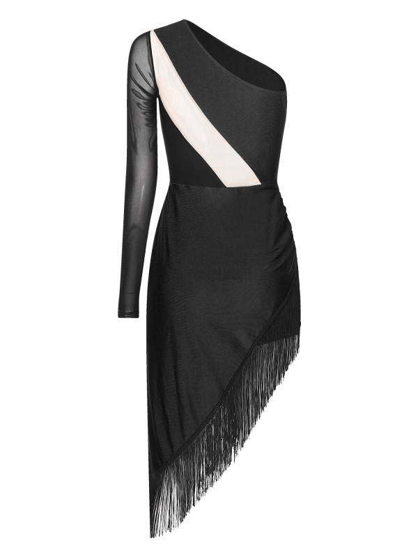 Women Shiny Rhinestones One Shoulder Tassel Latin Dance Dress thumb