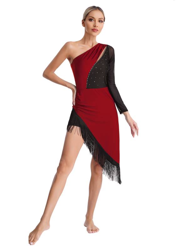 Women Shiny Rhinestones One Shoulder Tassel Latin Dance Dress thumb