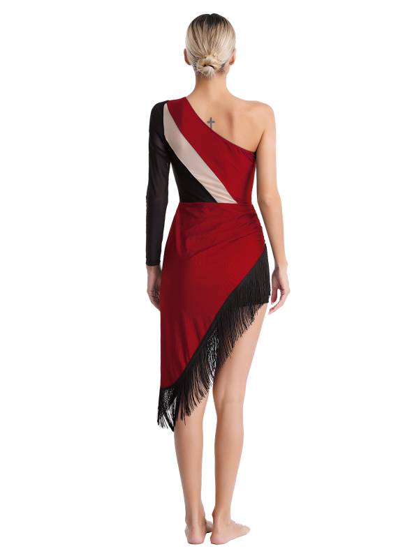Women Shiny Rhinestones One Shoulder Tassel Latin Dance Dress thumb