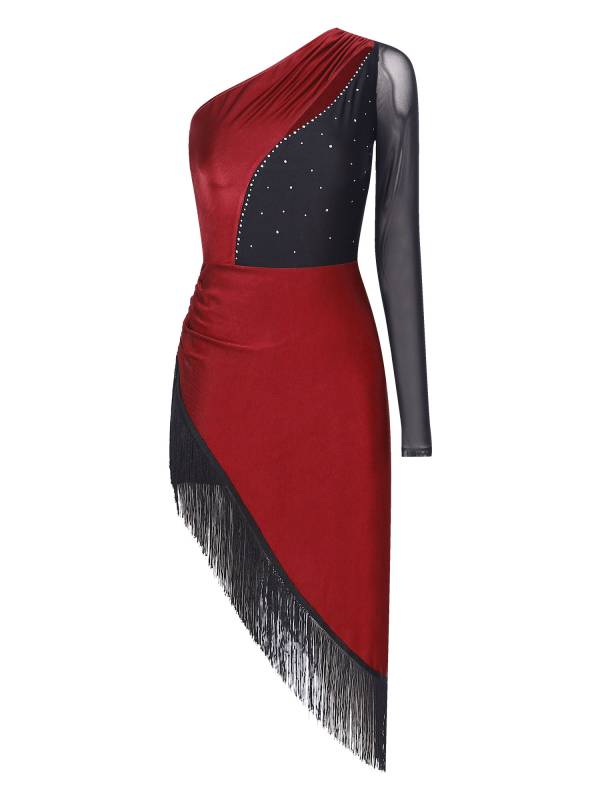 Women Shiny Rhinestones One Shoulder Tassel Latin Dance Dress thumb