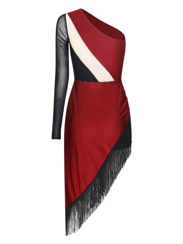 Women Shiny Rhinestones One Shoulder Tassel Latin Dance Dress thumb