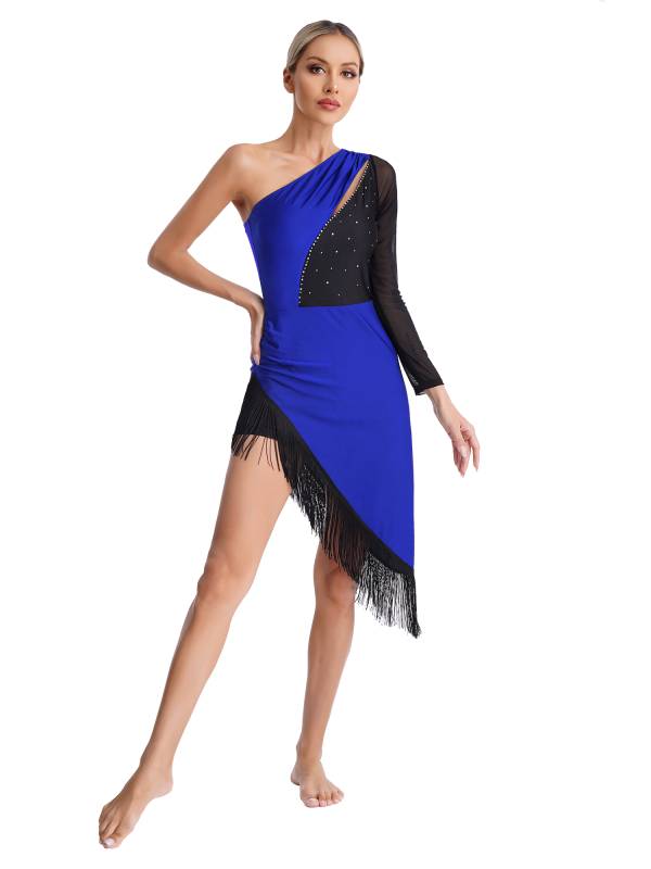 Women Shiny Rhinestones One Shoulder Tassel Latin Dance Dress thumb
