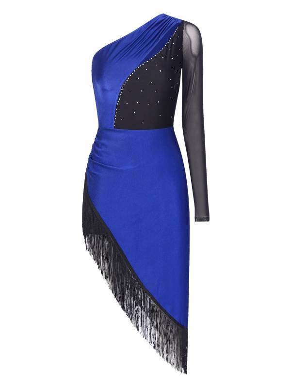 Women Shiny Rhinestones One Shoulder Tassel Latin Dance Dress thumb