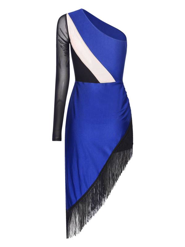 Women Shiny Rhinestones One Shoulder Tassel Latin Dance Dress thumb