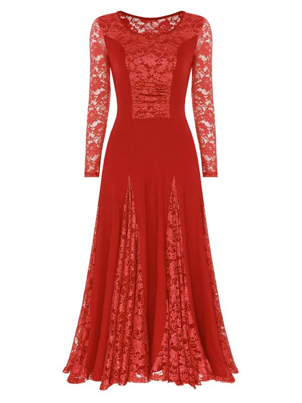 Women Long Sleeve Lace Ballroom Dance Dress thumb