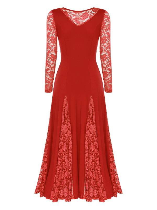 Women Long Sleeve Lace Ballroom Dance Dress thumb
