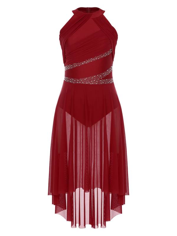 Women Sleeveless Rhinestones High Low Lyrical Dance Leotard Dress thumb
