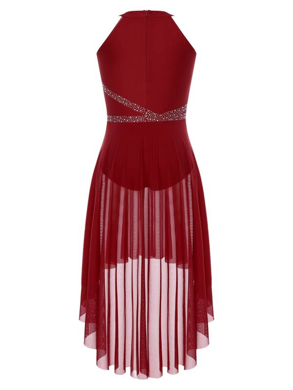Women Sleeveless Rhinestones High Low Lyrical Dance Leotard Dress thumb