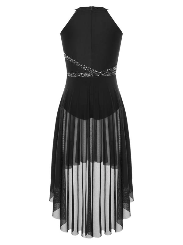 Women Sleeveless Rhinestones High Low Lyrical Dance Leotard Dress thumb