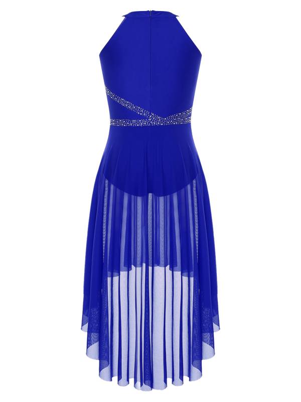 Women Sleeveless Rhinestones High Low Lyrical Dance Leotard Dress thumb