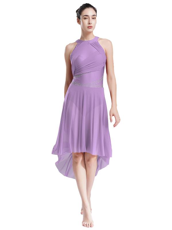 Women Sleeveless Rhinestones High Low Lyrical Dance Leotard Dress thumb
