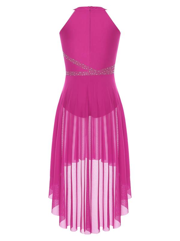 Women Sleeveless Rhinestones High Low Lyrical Dance Leotard Dress thumb