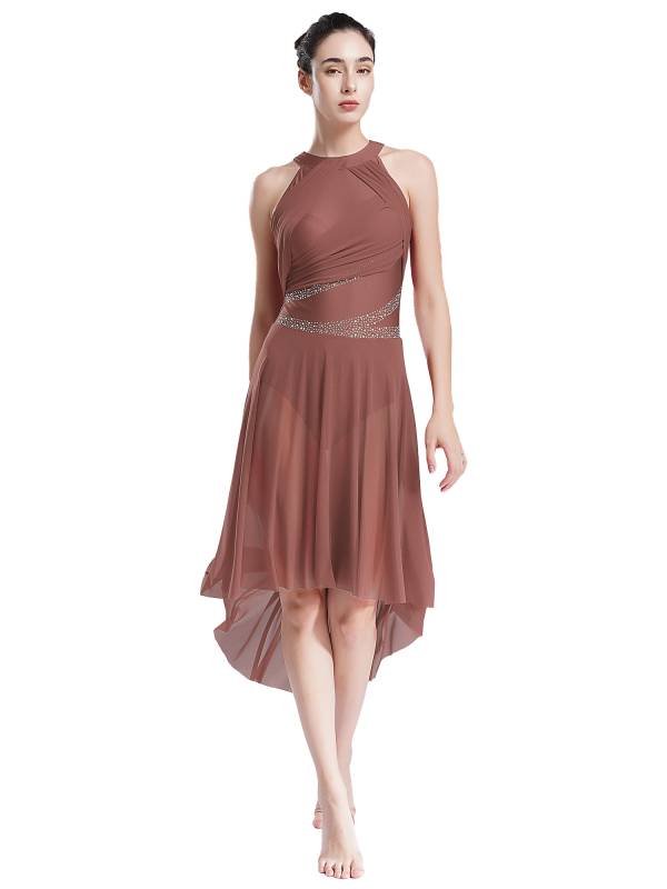 Women Sleeveless Rhinestones High Low Lyrical Dance Leotard Dress thumb