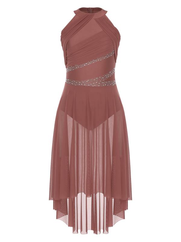 Women Sleeveless Rhinestones High Low Lyrical Dance Leotard Dress thumb