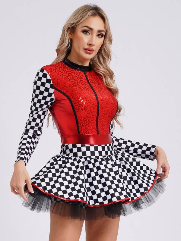 Women Long Sleeve Sequins A-line Tulle Checkerboard Racer Leotard Dress thumb