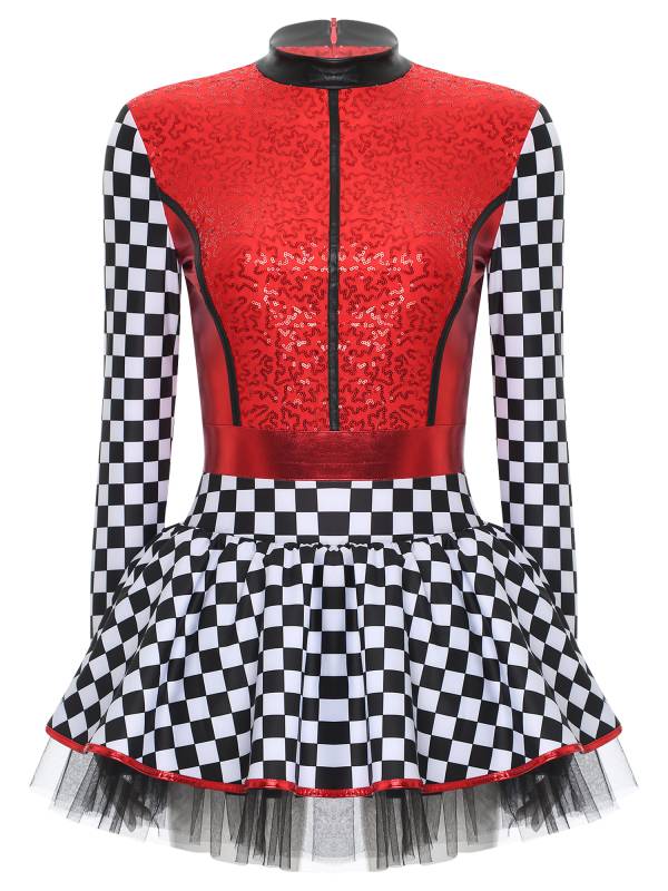 Women Long Sleeve Sequins A-line Tulle Checkerboard Racer Leotard Dress thumb