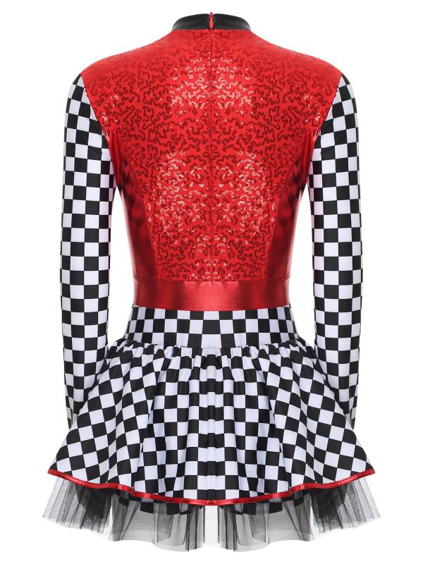 Women Long Sleeve Sequins A-line Tulle Checkerboard Racer Leotard Dress thumb